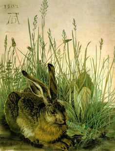 a painting of a rabbit sitting in the grass