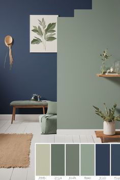 a living room with blue and green walls