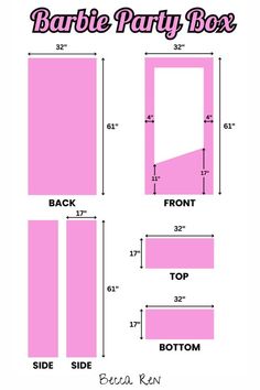 the pattern for barbie party box is shown in pink and has measurements to fit it