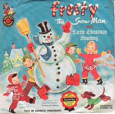 the front cover of frosty the snow man and little christmas stocking, with two children