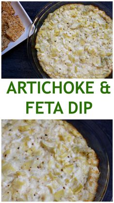 artichoke and feta dip in a glass dish with crackers on the side