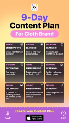 the 9 - day content plan for cloth brand is shown in purple and yellow colors