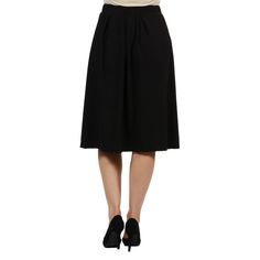 A classic black skirt is a wardrobe must have! This knee length skirt features an elastic waist, knee length, pockets, pleating, and a comfortable fit. Short Pleated Skirt For Office, Chic Knee-length Bottoms With Pleated Waist, Knee-length Relaxed Skirt For Work, Knee-length Pleated Bottoms For Work, Pleated Knee-length Bottoms For Work, Black Relaxed Knee-length Pencil Skirt, Chic Pleated Culottes, Elegant Short Length Relaxed Pleated Skirt, Flowy Pleated Skirt With Elastic Waistband For Work