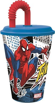 the spiderman plastic cup is blue and has red handles