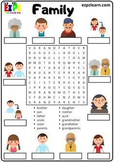 the family word search is shown in this printable worksheet to help kids learn how