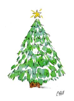 a drawing of a green christmas tree with yellow star on top and brown dog under it