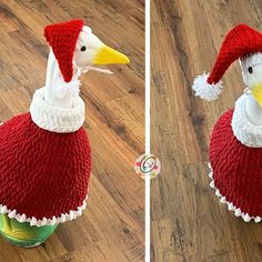 two pictures of a stuffed duck wearing a sweater and hat on top of a wooden floor