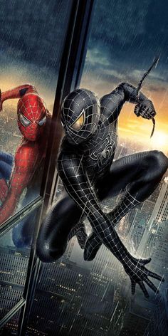 the amazing spider - man movie poster with two men in black suits and one is jumping