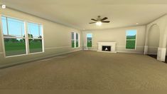 an empty living room with two windows and a fireplace in the center, surrounded by carpeted flooring