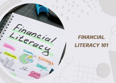 financial library 101 with notepad and pen on table next to paper circle that says financial library 101