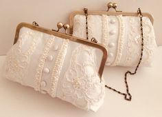 "Repurposed from mom's wedding dress. a keepsake to pass on to your daughter, grand daughter - reuse an old dress - mom or grandmas wedding dress perhaps. Use moms dress to make a family heirloom. This listing is for one clutch with chain handle. THIS LISTING IS FOR ONE CLUTCH, Shipping is free to USA - USPS Priority Mail. Why not turn something old into something new - what a wonderful way to re-use that old wedding dress - turning into a beautiful family heirloom. Don't forget to make one for Grandmas Wedding Dress, Moms Wedding Dress, Recycle Wedding Dress, Bridal Shop Ideas, Wedding Dress Keepsake, Old Wedding Dresses, Old Wedding, Mom Wedding Dress, Old Dress