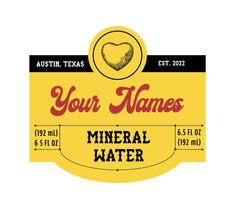 the logo for your names mineral water, which is yellow with black and red lettering