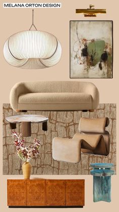 an assortment of modern furniture and decor items