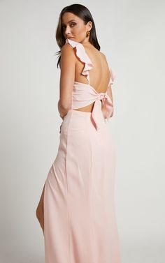 More Than This Maxi Dress In Blush | Showpo USA Flirty Bridesmaid Dress With Tie Back, Fitted Bridesmaid Midi Dress With Tie Back, Bridesmaid Midi Dress With Sweetheart Neckline And Ruffles, Pink Sleeveless Dress For Wedding Guest, Feminine Pink Maxi Dress For Prom Season, Pink Feminine Maxi Dress For Prom Season, Feminine Bridesmaid Midi Dress With Ruffles, Chic Pink Midi Dress For Wedding Guest, Feminine Fitted Bridesmaid Dress For Summer