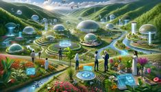 an artist's rendering of a futuristic city surrounded by trees and mountains, with people standing in the foreground