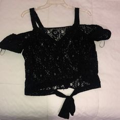 Black Lace Tie Crop Top Size Medium No Damage Amazing Condition Worn Only A Few Times Off The Shoulder And Open Detailing Extremely Comfortable And Chic Missing Tags Black Lace Top With Short Sleeves, Black Lace Short Sleeve Tops, Casual Black Lace Blouse, Black Lace Crop Top For Summer, Black Lace Crop Top For Night Out, Black Lace Crop Top For Spring, Casual Lace Blouse For Night Out, Lace Blouse For Night Out, Casual Lace Crop Top For Parties