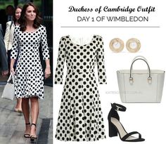 a woman in black and white polka dot dress with matching handbag, shoes and purse