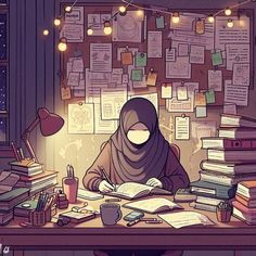 a person sitting at a desk in front of a pile of books and writing on paper