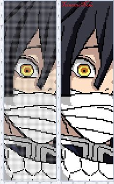 the cross stitch pattern for an anime character with yellow eyes and black hair, wearing a mask