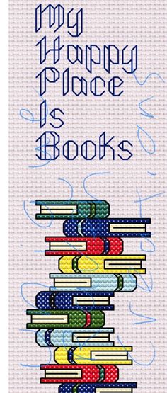 a cross stitch book cover with books stacked on top of each other