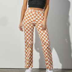 Checkered pattern with wide leg High waisted 100% Cotton Size and Fit: Model is wearing size Small Checkered Pants, Fashion Statements, Gameday Outfit, Pants Large, Checkered Pattern, Burnt Orange, Dream Closet, Clothing And Shoes, Work Wear