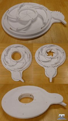 three pictures of different parts of a plastic object on a wooden surface, including the top and bottom part