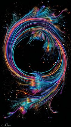 an abstract painting with colorful lines and swirls in the center on a black background