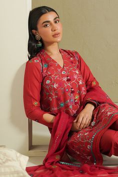 PRODUCT DETAILS SHIRTEmbroidered shirt front, back and sleeves (Lawn)TROUSERCambric dyed trouser DUPATTAChiffon embroidered dupattaATTRIBUTE Expertly crafted RUBY SKY-3 PIECE EMBROIDERED LAWN SUIT features a beautifully embroidered lawn shirt in front, back, and sleeves for an elegant touch. The cambric dyed trouser provides a comfortable fit, while the chiffon embroidered dupatta adds a touch of luxury. Perfect for any occasion. Red Unstitched Suit With Floral Embroidery For Eid, Red Unstitched Suit With Floral Embroidery, Red Floral Embroidered Unstitched Suit, Red Floral Embroidery Unstitched Suit, Unstitched Red Lawn Suit With Floral Embroidery, Red Anarkali Churidar With Floral Embroidery, Traditional Red Lawn Suit With Floral Embroidery, Red Lawn Suit With Floral Embroidery For Eid, Semi-stitched Red Churidar With Floral Embroidery