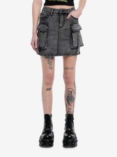 Yes! A skirt with pockets! Elevate your look with this grey denim skirt! It has front and back pockets  plus cargo pockets on the side with strap detailing.Please note: This style is fitted with no stretch; size up for a looser fit.75% cotton; 23% polyester; 2% spandexWash cold; dry flatLength: 16''ImportedListed in junior sizesModel is 5'10''Model wears size Small Grey Denim Skirt, Cargo Denim Skirt, Social Collision, Jean Skirt Outfits, Skirt Ideas, Punk Clothing, Denim Skirt Outfits, Style Finder, Acid Wash Denim