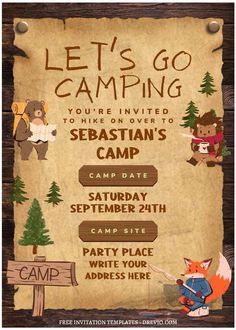 an old poster with some animals on it and the words let's go camping