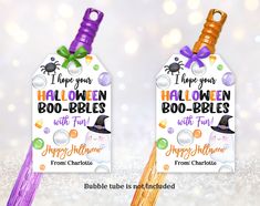 two halloween boo - bibbles tags with purple and orange ribbons