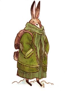 a drawing of a rabbit wearing a green coat