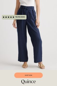 Looks like effortless style. Feels like pajamas. We love these wide-leg linen lounge pants from our best-selling European linen collection for casual work days, lazy weekends, and vacation vibes. Relaxed fit, elastic waistband, drawstring, and functional front pockets (obvi).  | Quince | Women's 100% European Linen Wide Leg Pants in Deep Navy, Size XL Linen Lounge Pants, Linen Lounge, Linen Wide Leg Pants, Silk Tee, Boyfriend Cardigan, Linen Collection, Vacation Vibes, Linen Tank, Wide Leg Linen Pants