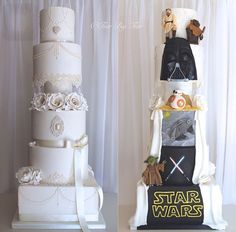 two cakes with star wars decorations on them