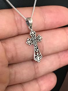 "Sterling Silver Victorian Cross Pendant Necklace. Metal: All components are made from solid .925 Sterling Silver Measurement: pendant height is 28mm (1.1\") including bail and 12.7mm (0.5\") wide Choose Chain Length You can find other cross jewelry in my shop here https://www.etsy.com/shop/LinksAndStones?ref=seller-platform-mcnav&section_id=24376960 Please feel free to Convo me with any questions before purchasing. Please view policy before purchasing Thank You For Visiting My Shop" Cross-shaped Jewelry With Large Pendant As Gift, Cross Pendant Jewelry As A Gift, Cross-shaped Large Pendant Jewelry For Gift, Cross Shaped Large Pendant Jewelry For Gift, Silver Filigree Symbolic Jewelry, Symbolic Cross Pendant Jewelry Gift, Symbolic Cross Pendant Jewelry For Gift, Nickel Free Cross Pendant Jewelry Gift, Distinctive Cross Jewelry For Gifts