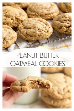 the peanut butter oatmeal cookies have been cut in half and are being held up