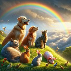 a group of cats and dogs sitting on top of a grass covered hill with a rainbow in the background