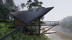 a house with a roof that is shaped like a boat on the water and surrounded by greenery