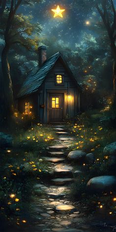 a painting of a house in the woods at night with a star above its roof