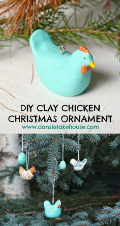 diy clay chicken ornament hanging from a christmas tree with text overlay