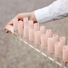 a row of champagne flutes filled with pink liquid and sprinkles on a metal rack