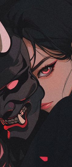 a woman with black hair and red eyes is holding her head to her chest, wearing a mask