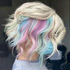 Pastel Rainbow Hair, Unicorn Water, Peekaboo Hair Colors, Peekaboo Hair, Vivid Hair Color, Creative Hair Color, Hair Color Pastel, Pastel Hair, Hair Dye Colors