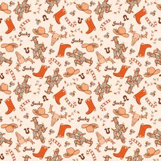 an orange and white christmas pattern with stockings, candy canes and snowflakes