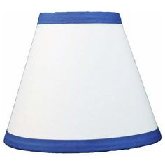 a blue and white lamp shade on a white background