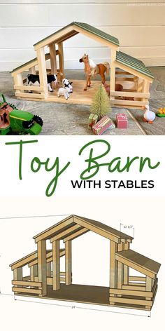 the plans for a toy barn with stables are shown in two different views, one is