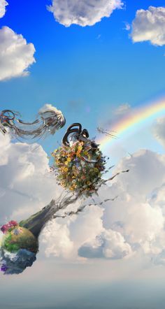 an artistic image of a tree with flowers in the sky and a rainbow behind it