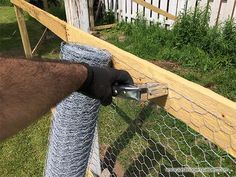 a person is using a pair of scissors to attach a chain link fence around a chicken coop