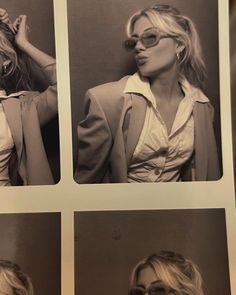 four different pictures of a woman with glasses