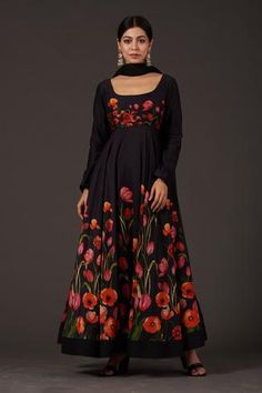 Shop for Balance by Rohit Bal Black Chanderi Floral Print Anarkali Set for Women Online at Aza Fashions Square Neck Anarkali, Anarkali With Palazzo, Floral Print Anarkali, Chudidhar Neck Designs, Black Anarkali, Reception Bride, Party Reception, Sage Green Floral, Rohit Bal